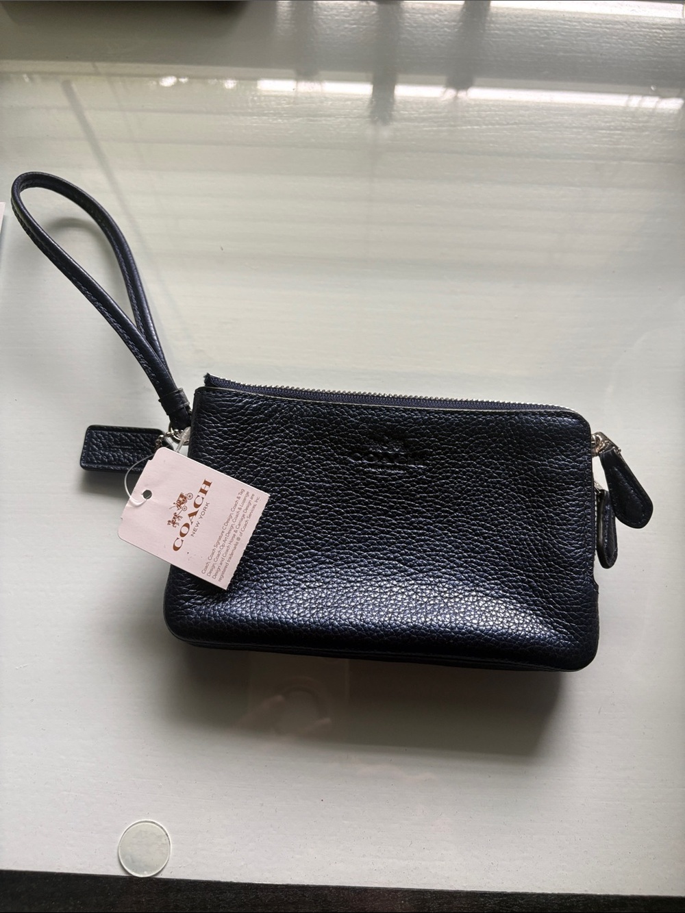 Coach Navy Metallic Pebbled Leather Double Zip Wristlet